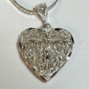 Vintage Sterling Silver 925 Filigree Heart Diamond Cut Pendant Necklace Italy